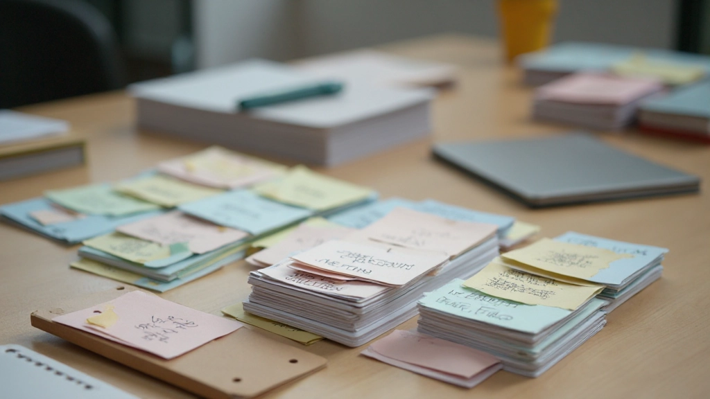 Geordende flashcards in verschillende stapels op een bureau, kleurgecodeerd systeem