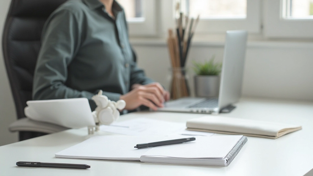 Schone werkplek met minimalistische inrichting, rustige atmosfeer met natuurlijk licht, potplant in de hoek