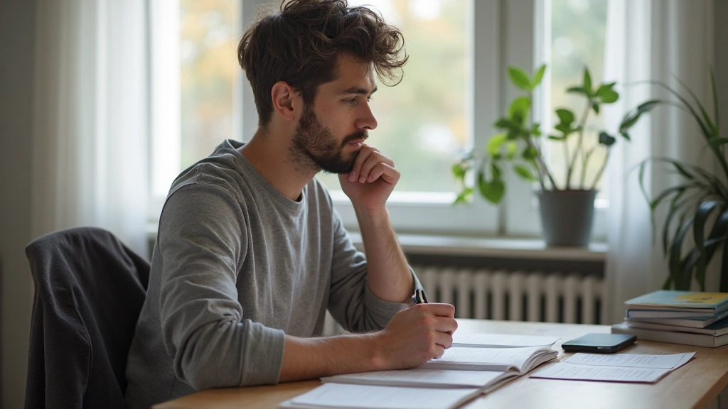 Persoon aan het studeren met flashcards en een notitieboekje, gefocuste uitdrukking