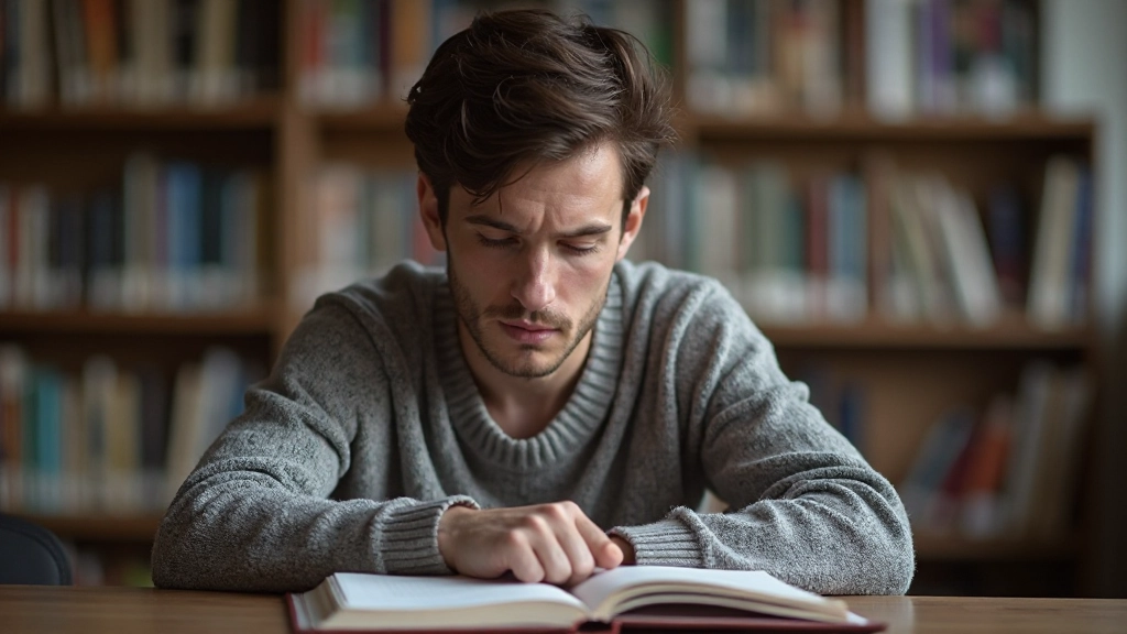 Persoon zit in stille bibliotheek, concentrerend op taken, omgeven door boeken, serene en gefocuste omgeving