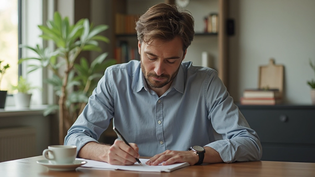Persoon die notities maakt aan een bureau met een kopje koffie en notitieboekje