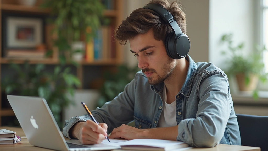 Student concentrerend met koptelefoon aan, omgeven door boeken en een laptop