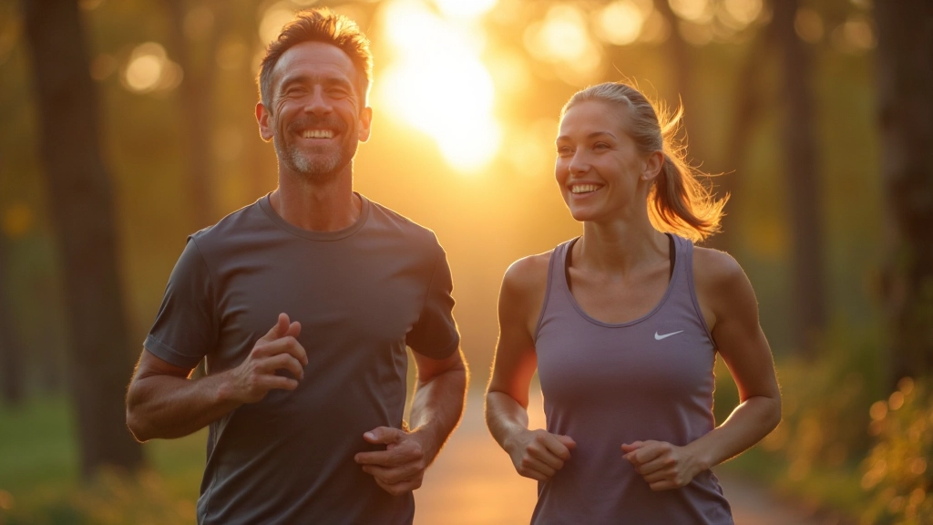 Twee mensen die samen aan het joggen zijn in een park bij zonsondergang